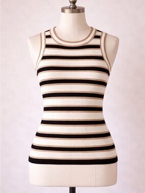 Cable & Gauge Striped Ribbed Tank Top Metallic Thread Neutral Chic Fitted Knit S